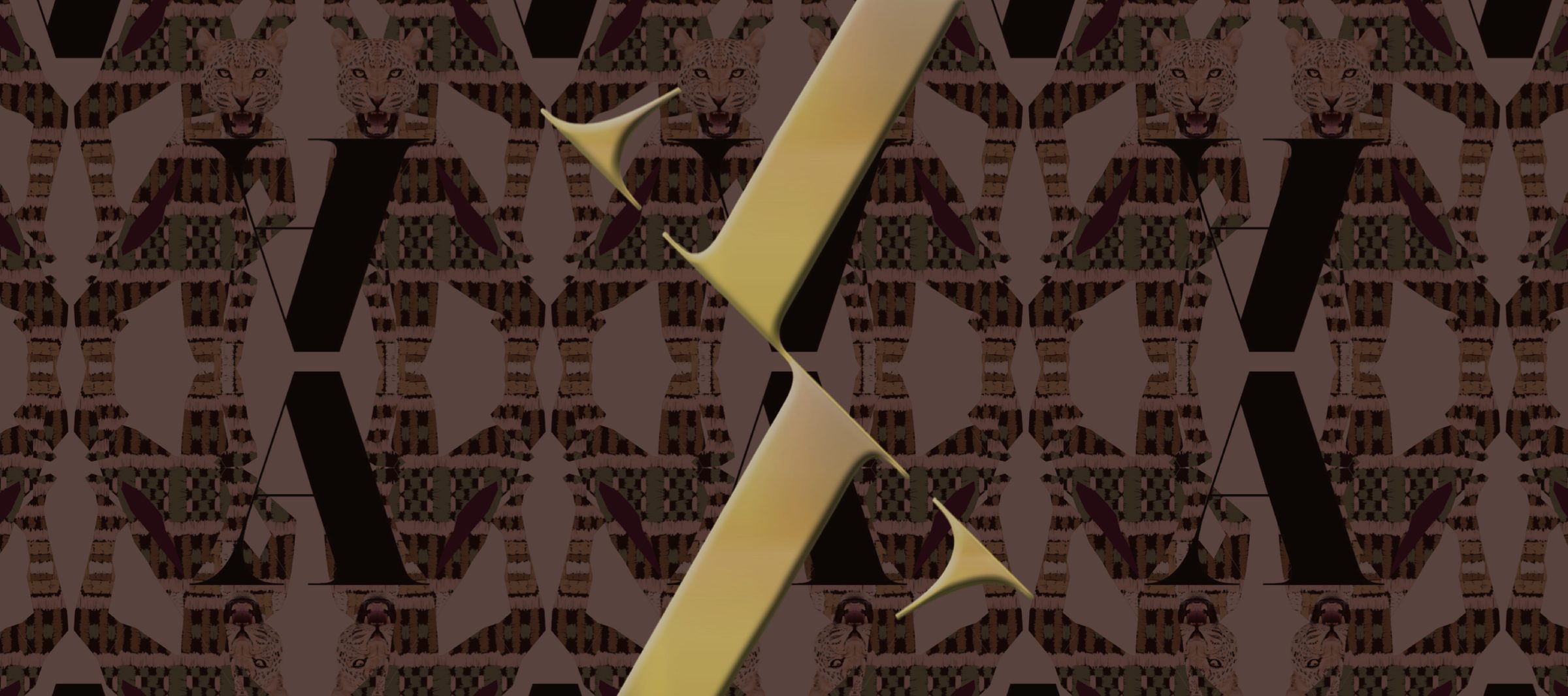 House of Afangaro brand pattern — leopard motif and gold X monogram overlaid on a repeating archive print