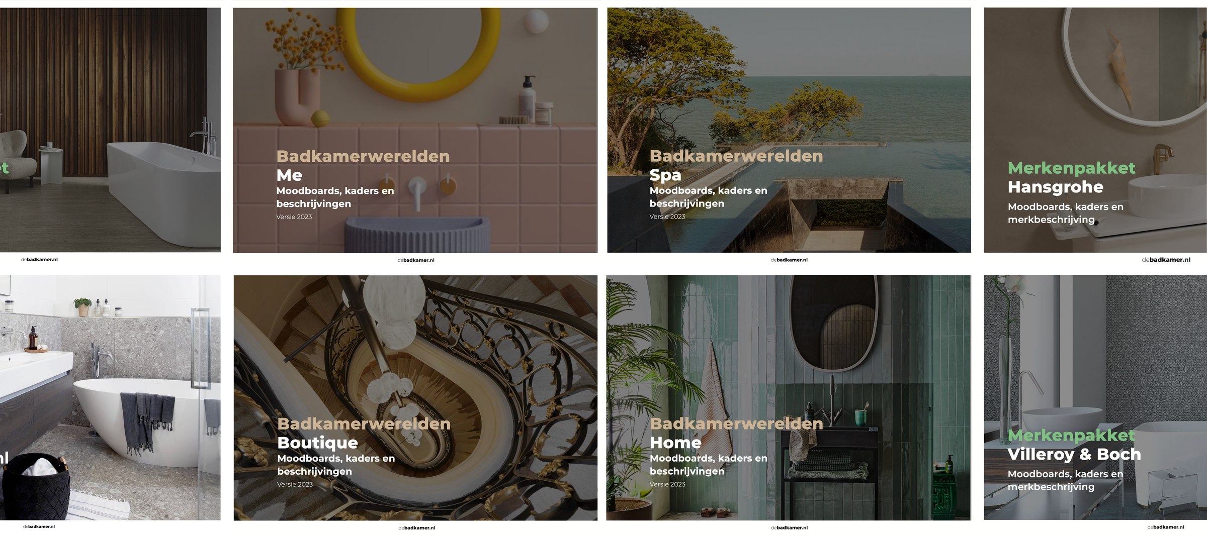 Overzicht van de vier Badkamerwerelden Me, Spa, Boutique en Home, met de Merkenpakketten van hansgrohe en Villeroy & Boch