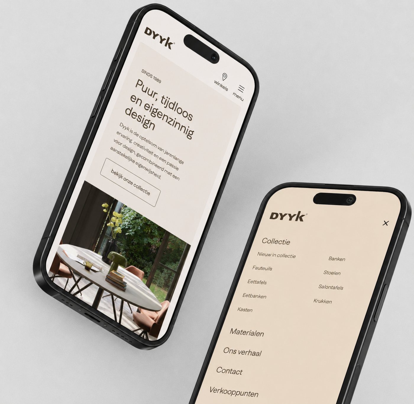 The Dyyk website shown on mobile — homepage and navigation menu
