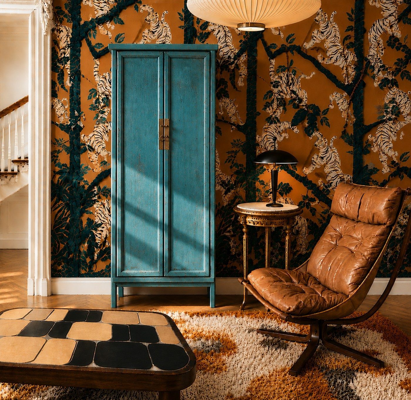 A Meyowi vintage teal cabinet and tan leather chair against tiger-print wallpaper
