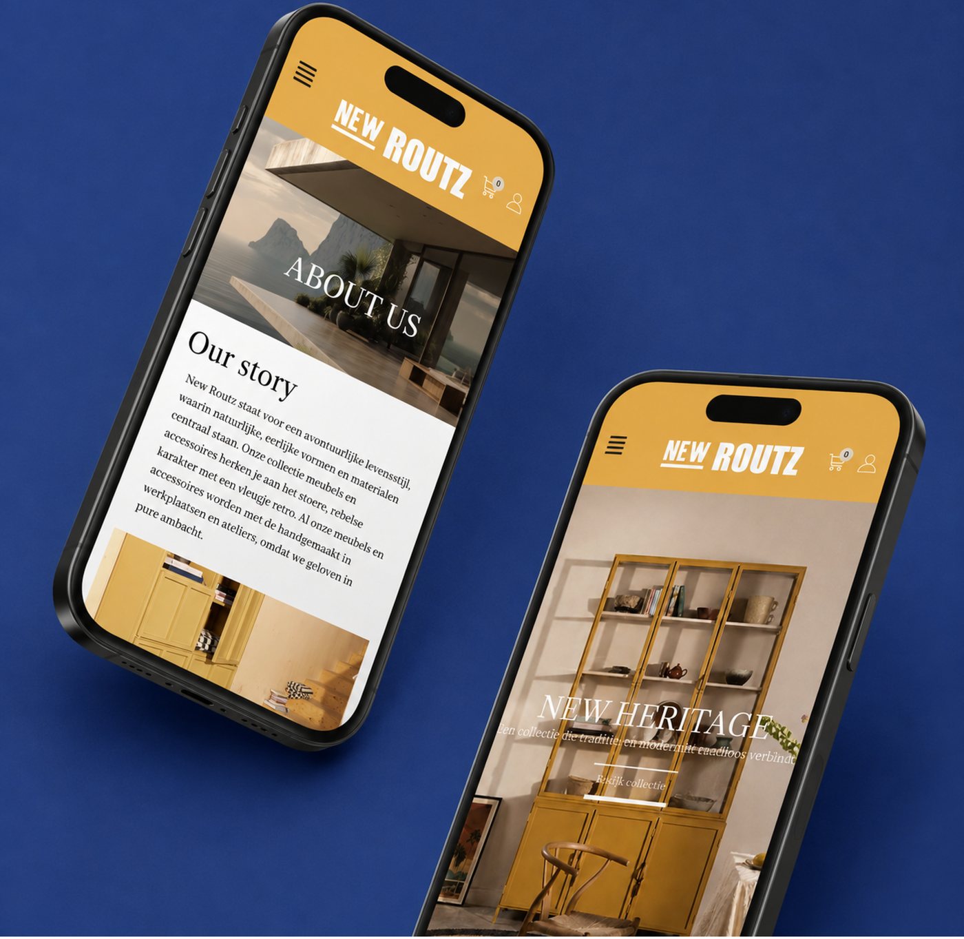 The New Routz website shown on mobile, across the About Us and New Heritage collection pages