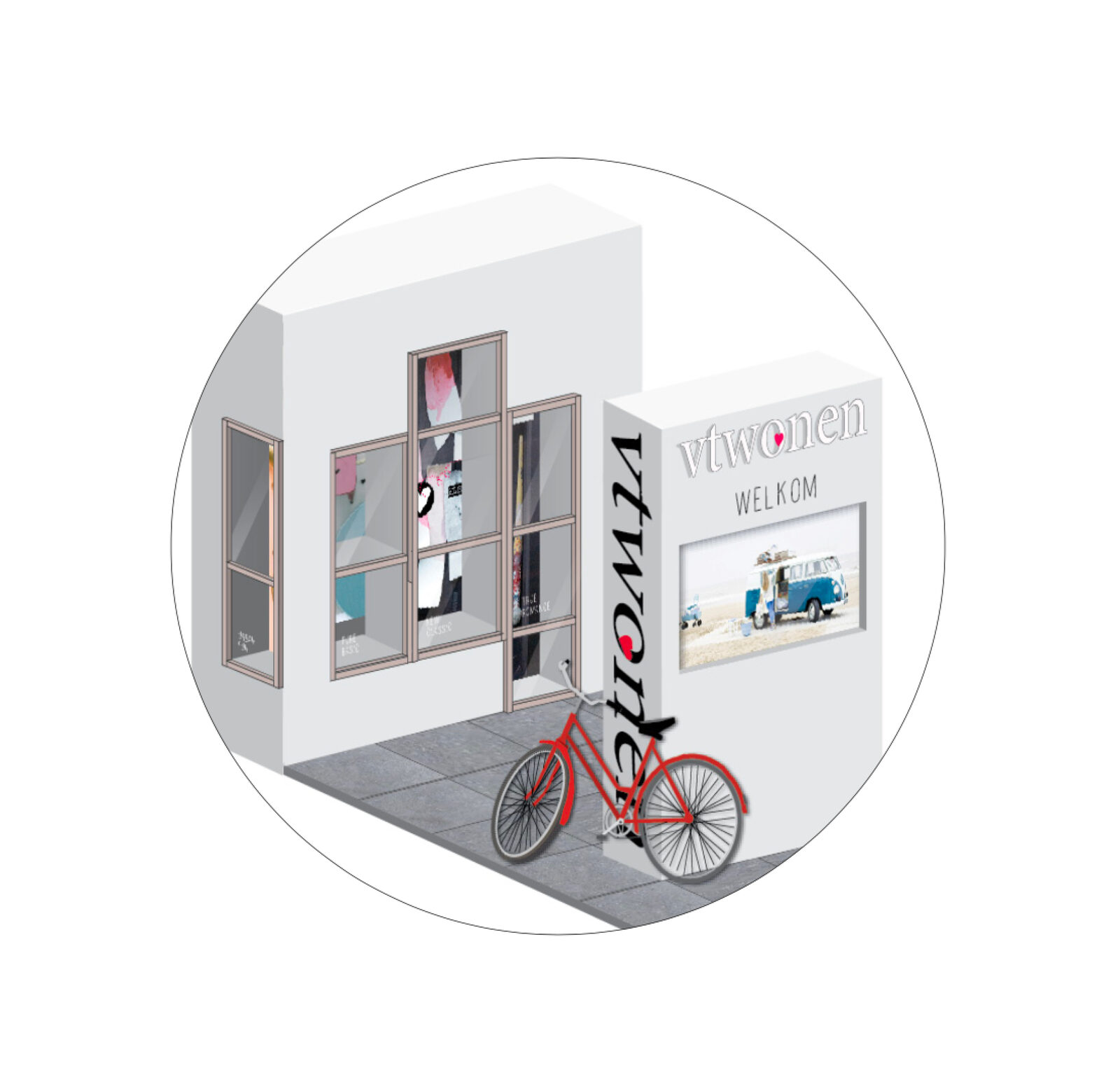 Ontwerpvisual van de vtwonen winkelgevel met entree en welkomstscherm
