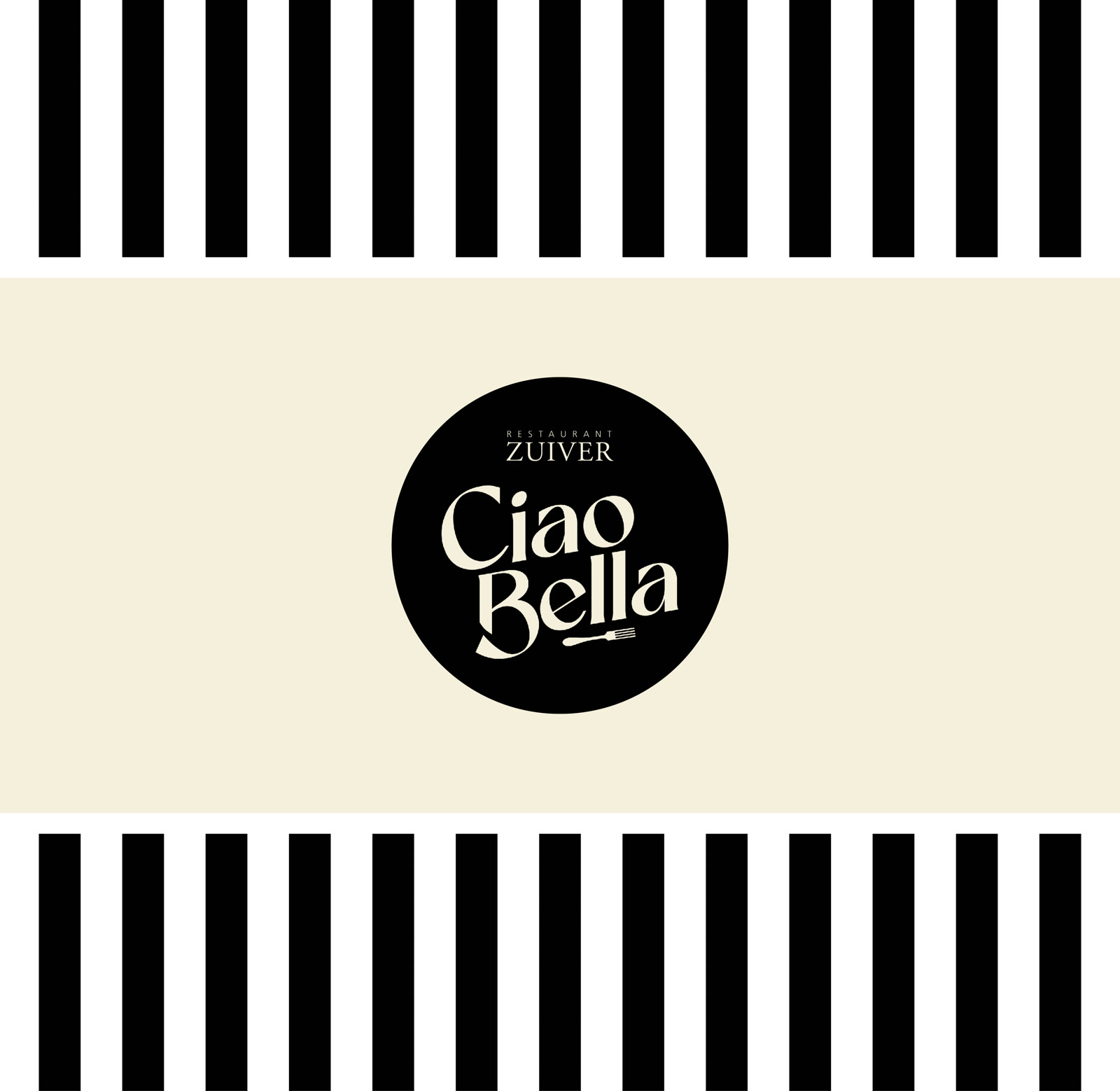 Het Ciao Bella!-merkteken van Restaurant Zuiver op het zwart-witte streeppatroon